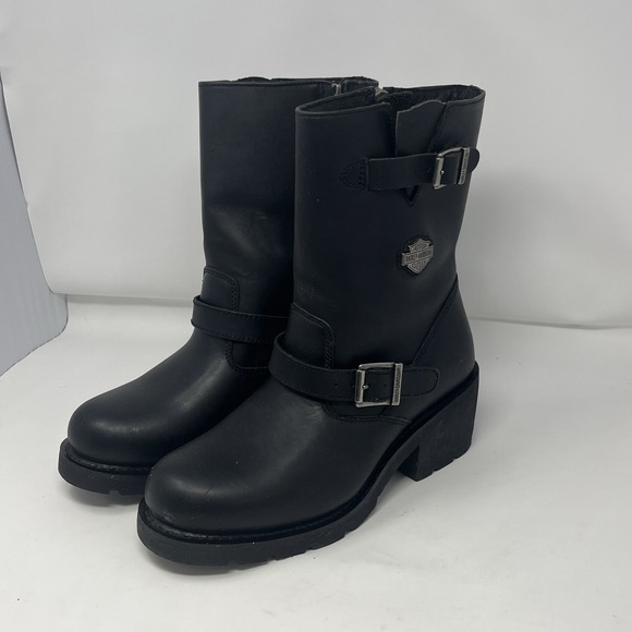 Harley Davidson Womens 10 Side Zip Buckle Black Leather Chunky Heel Boots Y2K‎ - Picture 1 of 16